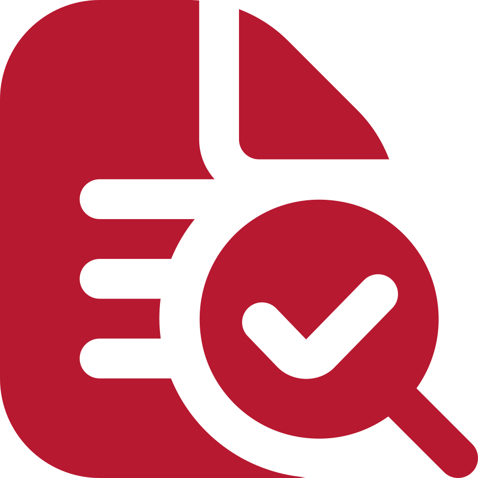 Rotes Symbol eines Dokuments mit einer Lupe im Vordergrund.