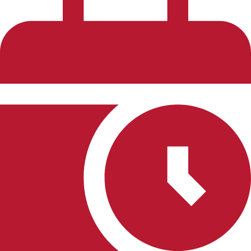 Rotes Symbol eines Kalenders mit einer Zeigeruhr im Vordergrund.