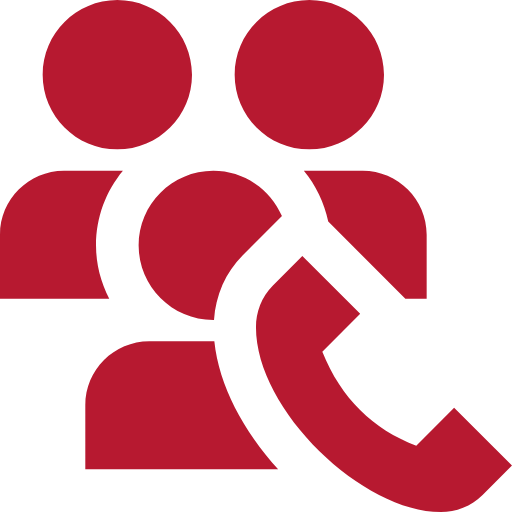 Rotes Symbol von drei Personen mit einem Telefonhörer im Vordergrund.