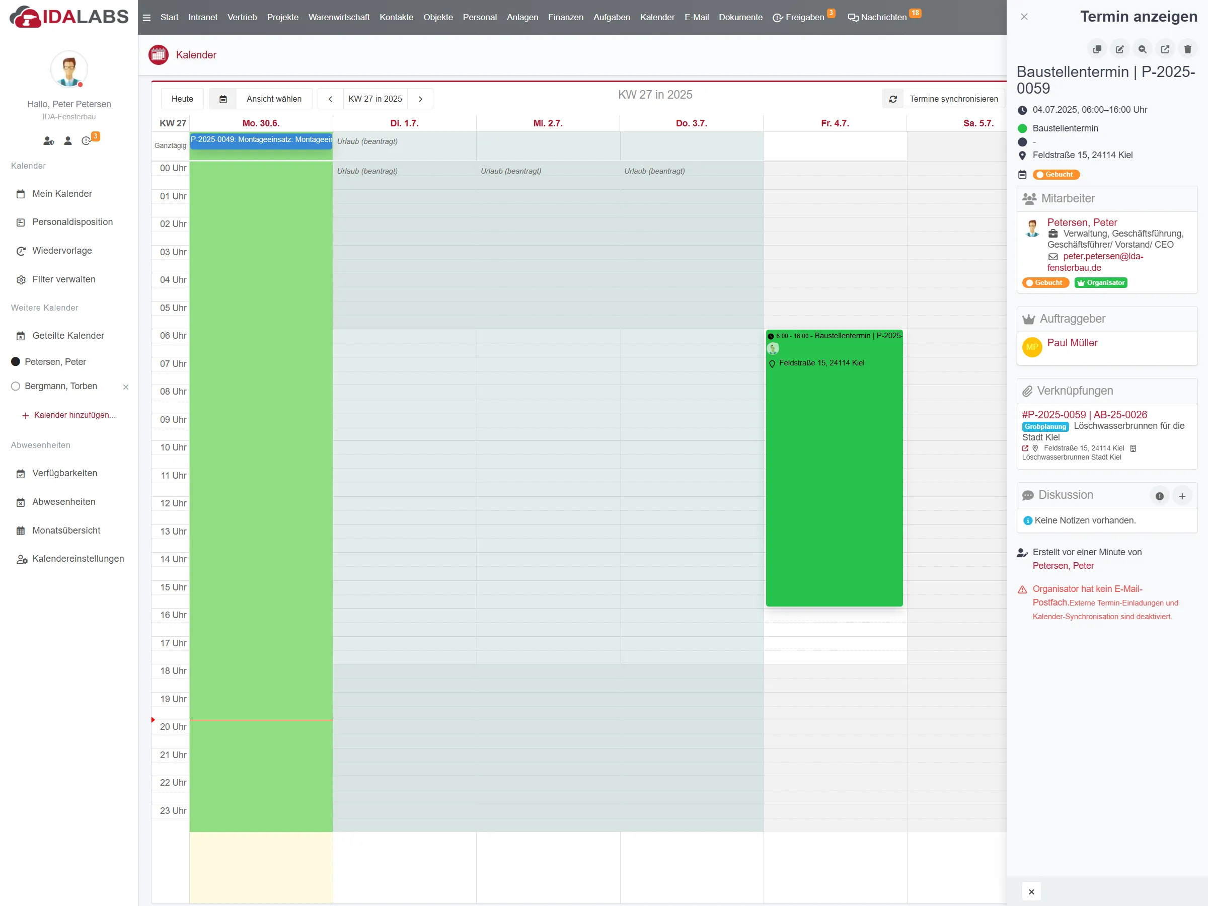 Der Kalender mit Terminen, Ressourcen und Teilnehmern.
