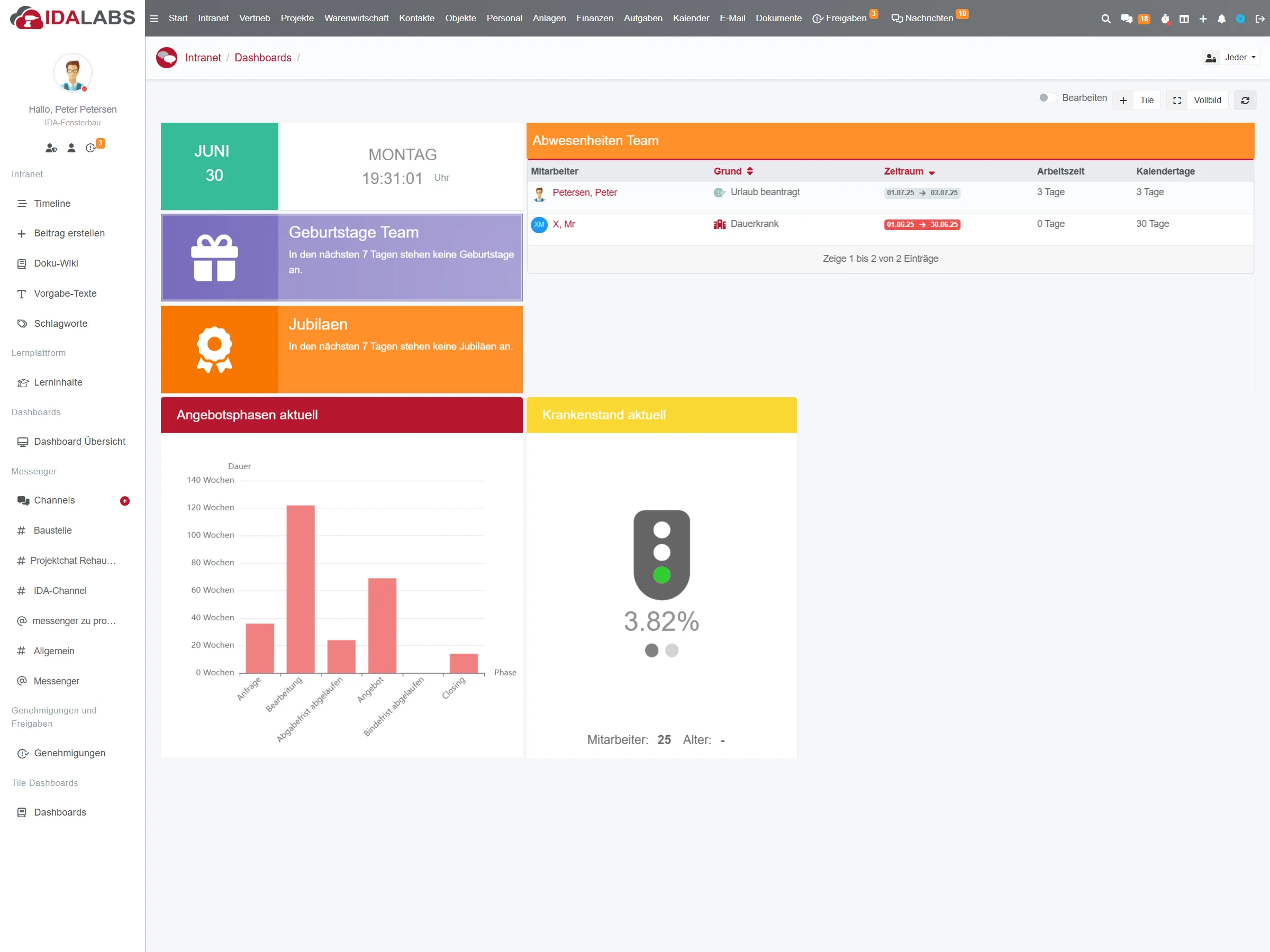 Das Dashboard des Intranet-Moduls zeigt individuelle Widgets für Neuigkeiten, Mitarbeiterumfragen und Team-Updates uvm.
