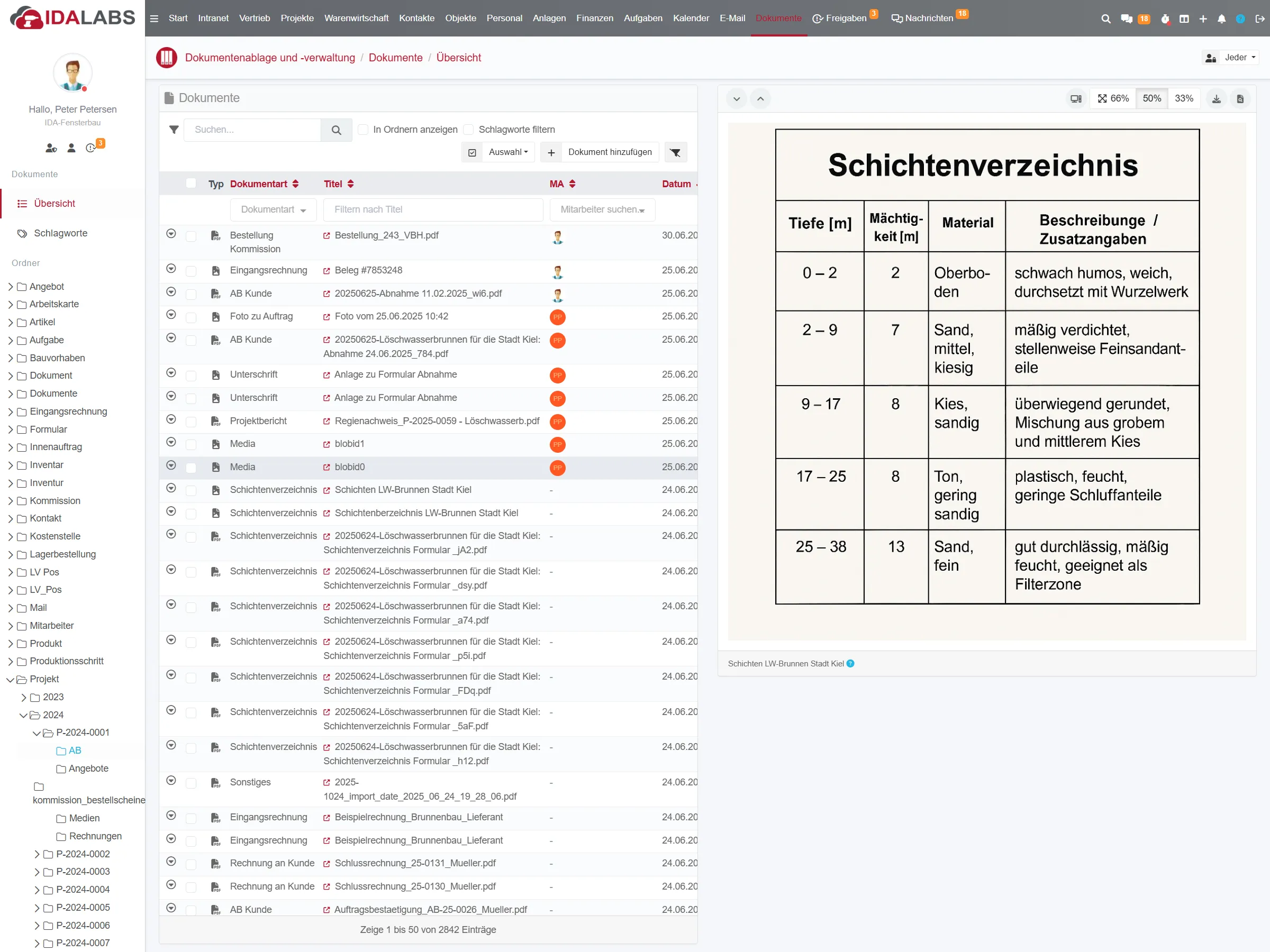 Die Liste der Dokumente zeigt eine Übersicht aller gespeicherten Dateien, inklusive Dateinamen, Typen und Erstellungsdaten.