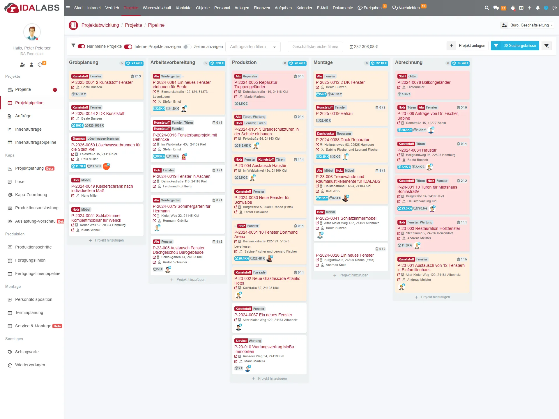 Die Projektpipeline zeigt den Fortschritt aller Projekte in einem Kanban-Board.