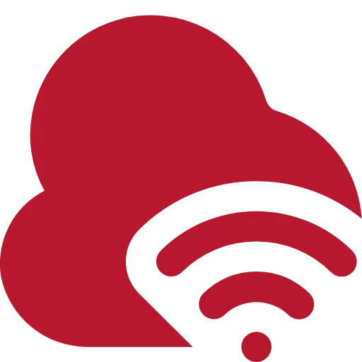 Auf einer roten Wolke ist ein WLAN-Symbol mit einem Punkt und zwei Strichen zu sehen, die ein Signal andeuten.