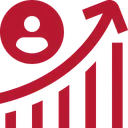 Rotes Symbol eines Graphen, der sich steil nach oben bewegt. Klein daneben ist eine Person in einem roten Kreis zu sehen, die die Kurve nach oben begleitet.