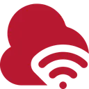 Auf einer roten Wolke ist ein WLAN-Symbol mit einem Punkt und zwei Strichen zu sehen, die ein Signal andeuten.
